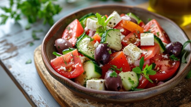  a close up of a salad in a bowl on a cutting board with olives, tomatoes, cucumbers, and feta cheese in the middle of the salad.