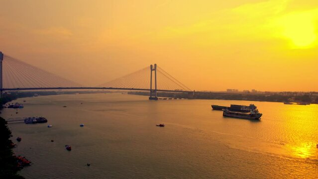 Vidyasagar Setu bridge over Hooghly River in Kolkata, West Bengal, India, Aerial Drone View