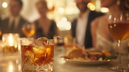 A chic cocktail party, with guests dressed to the nines and enjoying artisanal drinks crafted with precision and flair