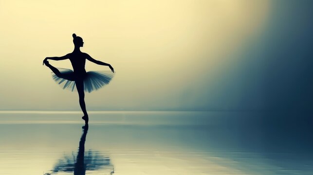  a silhouette of a ballerina in the middle of a body of water with a foggy sky behind her and a reflection of the body of water in the foreground.