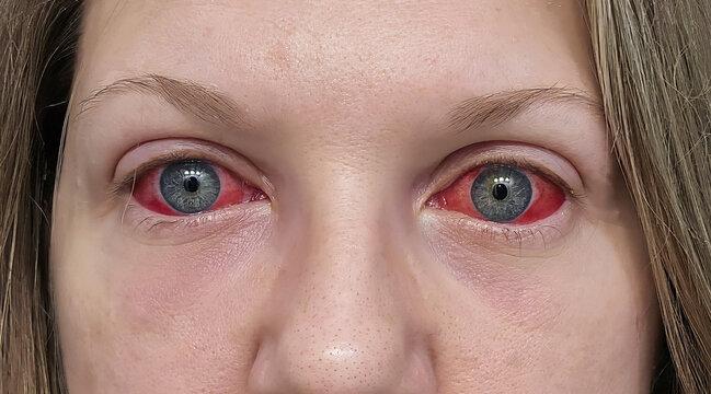 Close-up of bloodshot red eyes showing conjunctivitis symptoms
