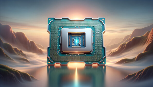 Tranquil Chromatics: Hyper-realistic CPU socket with serene pastel backdrop