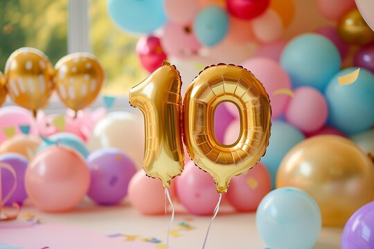 10. Geburtstag, "10" aus goldenen Heliumballons, bunte Luftballons im Hintergrund, farbenfrohe Kinderparty