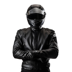 Motorcycle leather jacket, man with motorcycle leather apparel with helmet 
