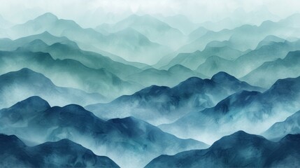  a painting of a mountain range with a blue hued sky in the foreground and a light blue hued background in the upper right corner of the image.