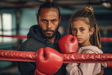 A determined man and his young protege prepare to enter the boxing ring, their red gloves a symbol of their shared passion for this intense and aggressive combat sport - obrazy, fototapety, plakaty