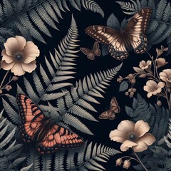Butterflies and Flowers in Noir Botanical Illustration