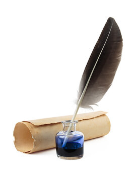 Feather with parchment and inkwell isolated. Calligraphy, old education, vintage handwriting