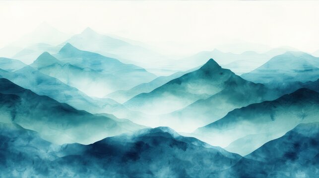  a watercolor painting of a mountain range in blue and teal tones with a white sky in the background and a white cloud in the middle of the picture.