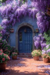 The Wisteria sinensis plant with lilac flowers decorates the entrance to the house. 3d illustration
