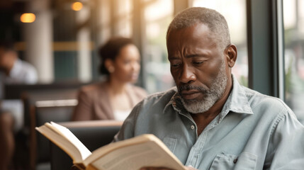 A mature man is deeply engrossed in reading a book in a cozy cafe setting, with a soft-focus couple in the background.