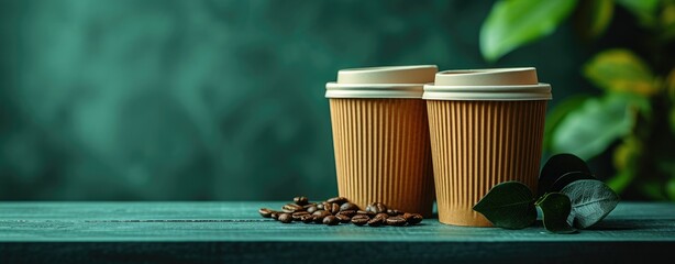 Two paper cups of coffee and coffee beans on a green background
