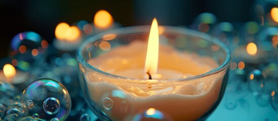 White Lit Candle beautifully glows over Plastic Glass Lid with mesmerizing Bubbles