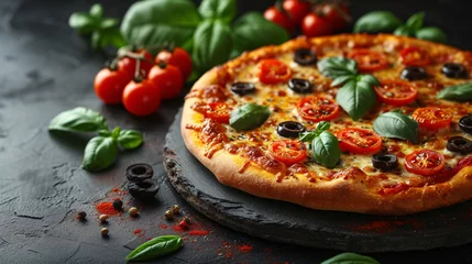 Foto op Canvas Pizza Margherita on black stone background. Homemade Pizza Margarita with Tomatoes, Basil and Mozzarella Cheese. © Muhammad