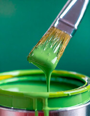  green paint dripping from a brush into a can