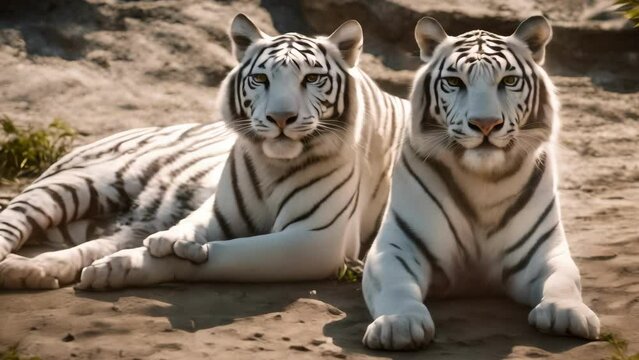 Two White Tigers Lying Side by Side