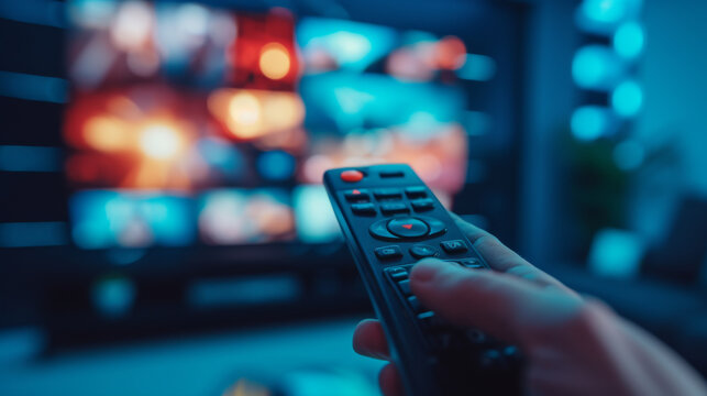 close-up view of a hand holding a television remote control with a blurred television screen in the background, displaying colorful images.