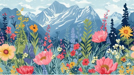 Fototapeta na wymiar a painting of a field of flowers with mountains in the background of the picture in the background is a blue sky with clouds and a few white clouds.