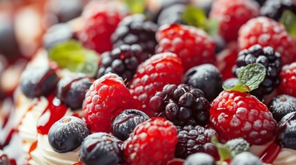 A close-up of a mouthwatering dessert, adorned with fresh berries and a drizzle of sauce