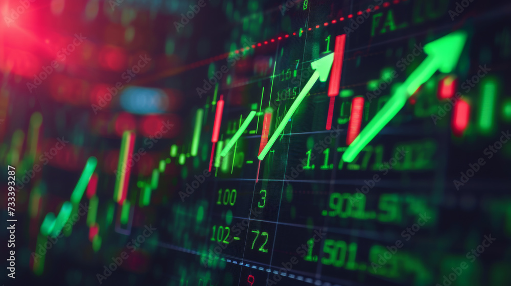 Poster digital graphical representation of a stock market with fluctuating graphs, numerical data, and upwa