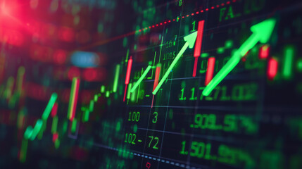 digital graphical representation of a stock market with fluctuating graphs, numerical data, and upward and downward trends, indicating financial analysis or stock trading activity.