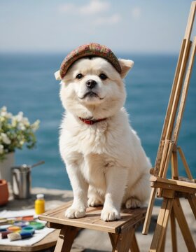 Easel Enchantment: Cute Dog's Artistic Journey by the Sea