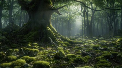  a forest with moss growing on the ground and a large tree in the middle of the forest with a lot of green moss growing on the ground and the ground. - obrazy, fototapety, plakaty