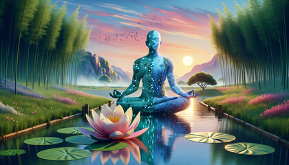 Tranquil AI Art: Lotus and Meditative Sculpture in Harmonious Blend