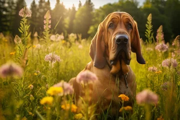 Papier Peint photo Lavable Prairie, marais Bloodhound dog sitting in meadow field surrounded by vibrant wildflowers and grass on sunny day ai generated