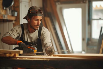 A skilled artisan in work clothes focuses intently as he uses a power saw to create intricate designs in a piece of wooden tabletop, his determined expression mirrored in the gleaming metal of the to