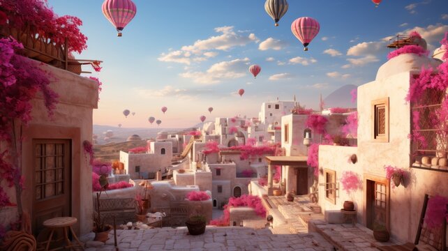 Pink hot air balloons in the mediterranian 