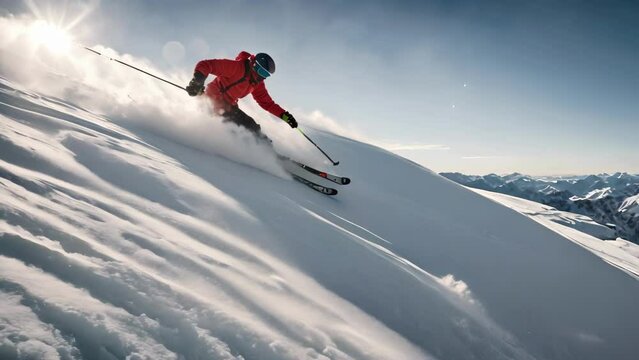 Skier Descending Snow-Covered Mountain