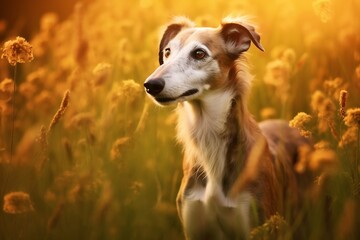 Obraz premium Greyhound dog sitting in meadow field surrounded by vibrant wildflowers and grass on sunny day ai generated