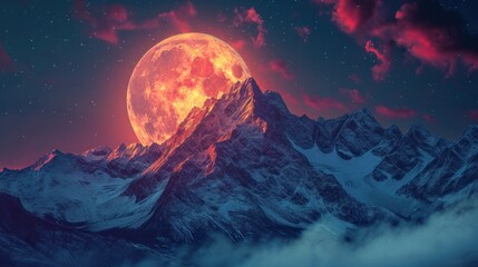  a full moon over a mountain range with clouds and a red and yellow light shining on the top of the mountain and the moon in the middle of the sky. - obrazy, fototapety, plakaty