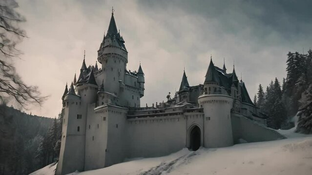 A Castle in the Snow on a Cloudy Day