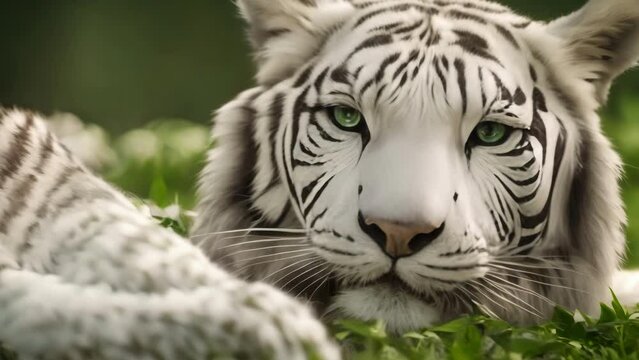 Close Up of White Tiger Laying in Grass
