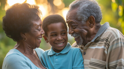 heartwarming moment of familial affection, showing a smiling older man and woman on either side of a young boy