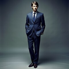 model donning dark blue classic mens suit, stark contrast against isolated white background 