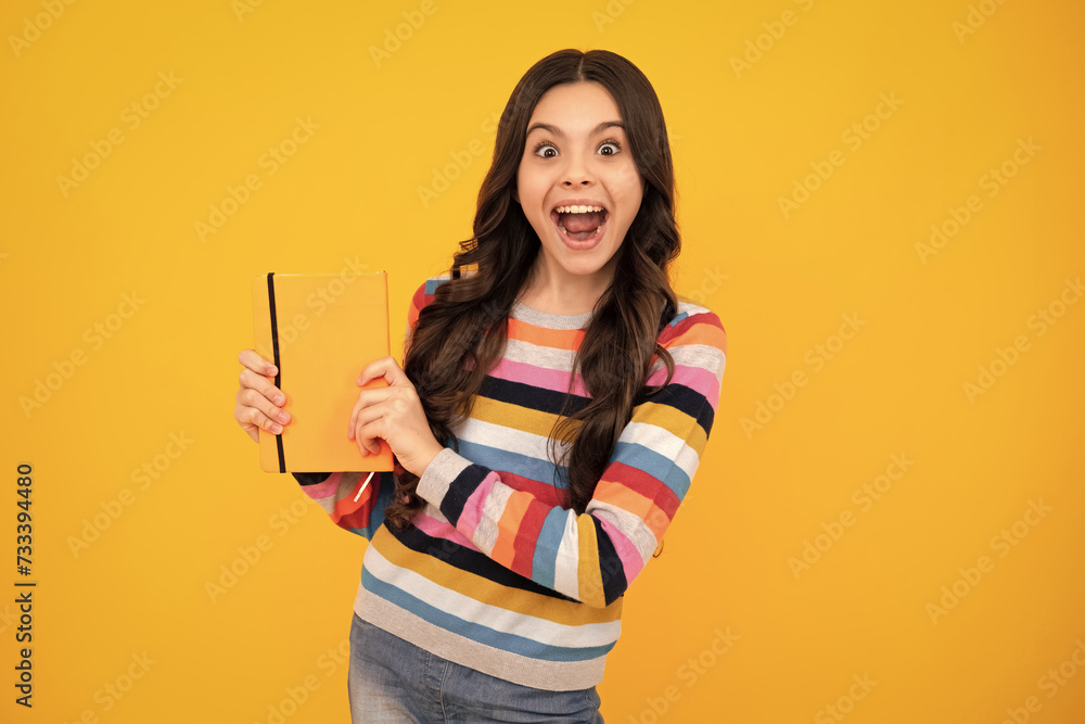 Poster amazed teenager. teenager school girl with books isolated studio background. excited teen girl.