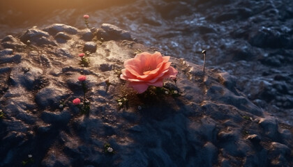 Recreation of a pink rose in the surface of an asteroid