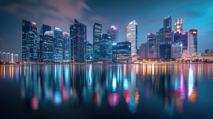 A vibrant city skyline with illuminated skyscrapers reflected beautifully on the water's surface, captured during the tranquil moments of dusk. Resplendent.
