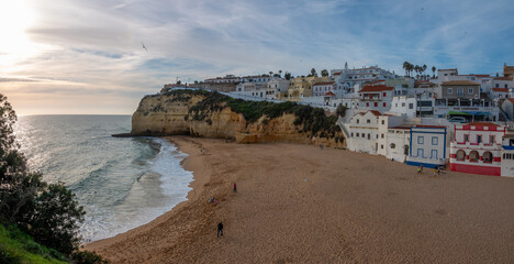 Carvoeiro beach from the west side, Lagoa, Algarve, Portugal,. Historical  fishing village with...