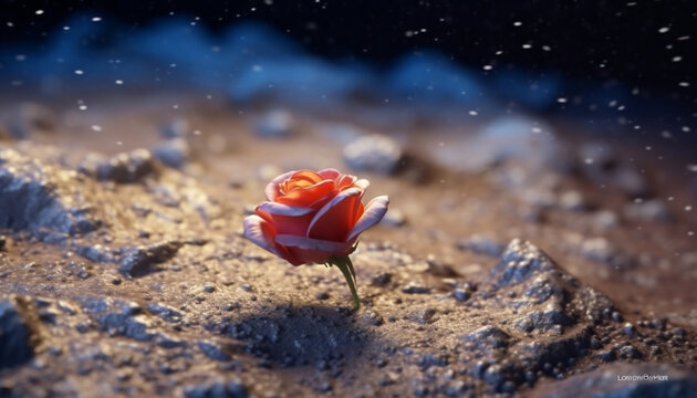 Recreation of a pink rose in the ground of a moon or asteroid	