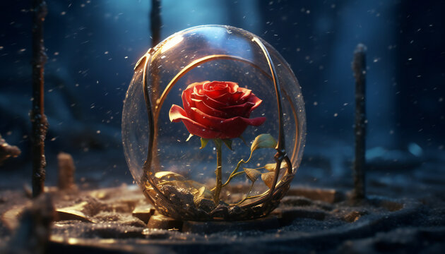 Recreation of a red rose inside a glass lamp a snowy night