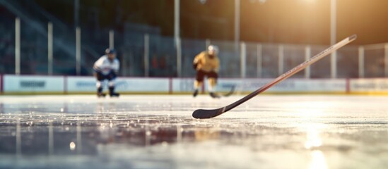 ice hockey stick on a professional ice field