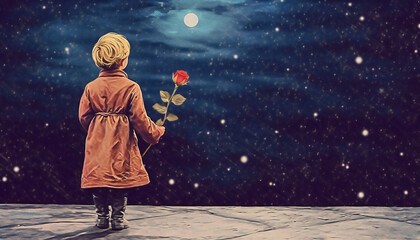Recreation of a little kid with a red rose in her hand