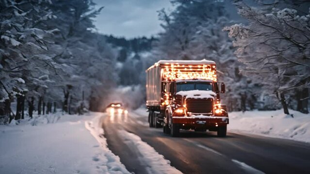 Large Truck Driving Down a Snow Covered Road