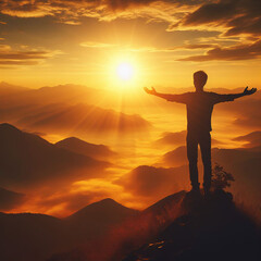 Fototapeta premium Man celebrates reaching the top of a mountain with her arms wide open