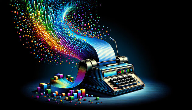 Digital Evolution: Abstract telex machine transforming into digital data flow