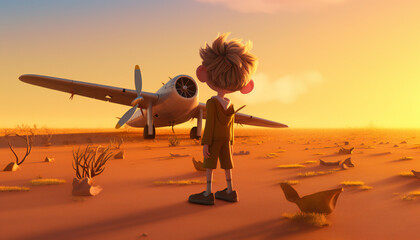 Recreation of a little boy and a small airplane in the desert